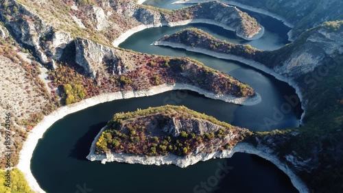 Aerial view of tight river meander in Uvac Canyon, Serbia