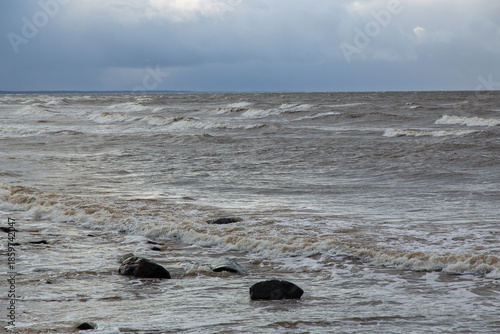 Windy weather at the Baltic sea in Skulte in December in Latvia