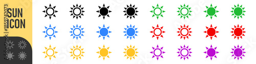 Sun icons colors set, weather, brightness, summer, or settings ideal for UI, apps, forecasts, and daylight themes