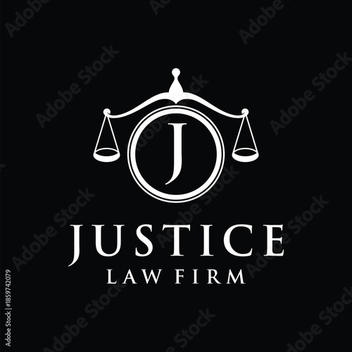 Initial letter J justice law firm logo design, attorney scale of justice legal graphic icon vector template