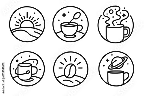 Cosmic Morning Icons. Line style circular vector icons of cosmic morning: sunrise over planet with coffee cup, orbiting spoon,