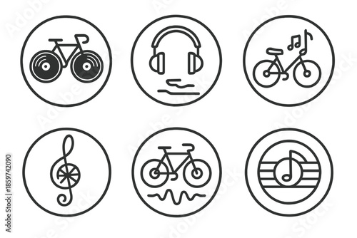 Harmony Ride Icons. Line style circular vector icons of harmony ride: twin record wheels, headphone handlebar, music streaming