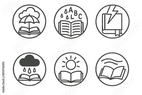 Weathered Story Icons. Line style circular vector icons of weathered tales: cloud umbrella above poetry, open novel raining