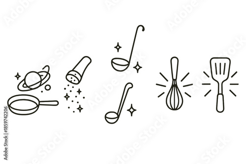 Chef's Cosmic Utensils. Line style icons of Chef’s Universe: frying pan with orbiting miniature planets, sparkling seasoning, tiny