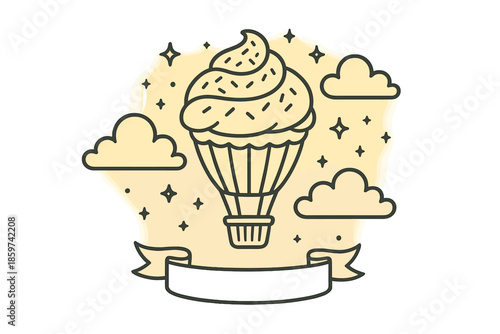 Dessert Balloon Icons. Line style icons of Dessert Flight: hot air balloon as cupcake, fluffy clouds, tiny floating stars, glowing