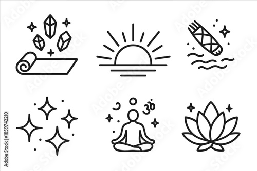 Holistic Icon Medley. Line style icons of Holistic Practice: yoga mat with levitating crystals, sunrise glow, tiny floating sage