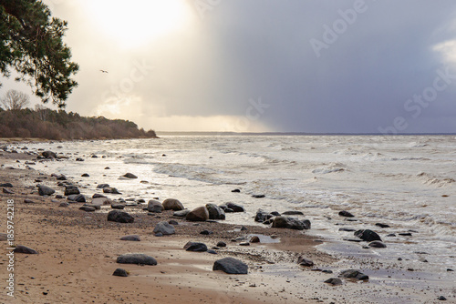 Windy weather at the Baltic sea in Skulte in December in Latvia