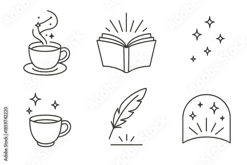 Stellar Reading Icons. Line style icons of Stellar Reading: coffee with constellation steam, glowing open book, floating tiny