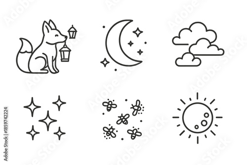 Twilight Fox Adventure. Line style icons of Twilight Adventure: fox with glowing lanterns, starry night, floating clouds,