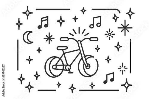 Cosmic Cycling Icons. Line style icons of Cosmic Cycling: bicycle pedals as crescent moons, floating musical notes, glowing stars,