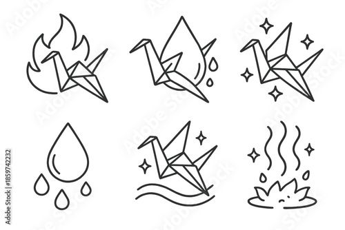 Origami Element Transformation. Line style icons of Transforming Origami: origami cranes morphing between fire and water drops,