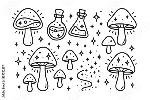 Cosmic Fungi Magic. Line style icons of Galactic Fungi Magic: mushrooms glowing with cosmic liquids, floating potion bottles, tiny