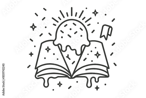 Sweet Ice Cream Pages. Line style icons of Sweet Pages: melting ice cream forming book pages, glowing sprinkles, tiny floating