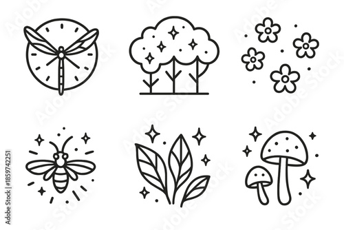 Enchanted Forest Clock Icons. Line style icons of Enchanted Forest Clock: dragonfly wings forming clock hands, glowing forest