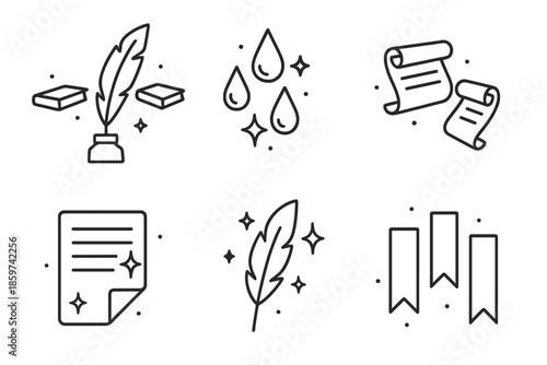 Quill and Floating Books. Line style icons of Imaginative Ink: quill with hovering books, glowing ink droplets, tiny floating