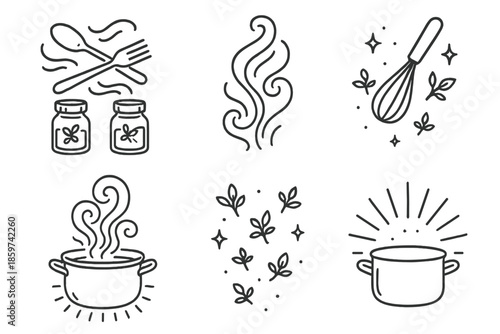 Floating Kitchen Magic. Line style icons of Floating Kitchen Magic: levitating utensils with spice jars, mystical smoke, glowing