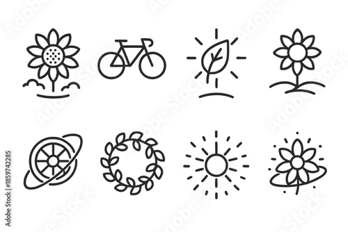 Petal Icon Collection. Line style icons of Petal Wheels: floating sunflower, bicycle, glowing leaf, levitating sun, orbiting wheel