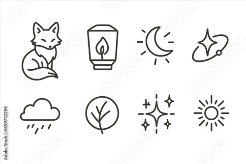 Lantern Fox Night. Line style icons of Lantern Fox Night: fox, floating lantern, glowing crescent moon, orbiting star, levitating