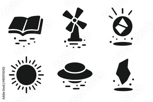 Levitating Solid Icons. Solid style icons of levitating objects in : floating book, hovering windmill, prism orb, radiant sphere,