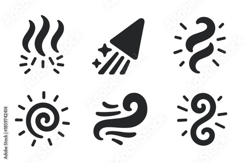 Magical Warmth Icons. Solid style icons of magical warmth effects in : glowing steam, prism trail, radiant ribbon, ethereal swirl,