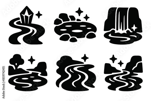 Surreal Aquatic Icons. Solid style icons of surreal aquatic landscapes in : prism stream, glowing pond, radiant waterfall,