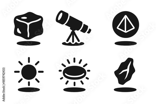 Levitating Cosmic Icons. Solid style icons of levitating cosmic objects in : floating ice cube, hovering telescope, prism orb,