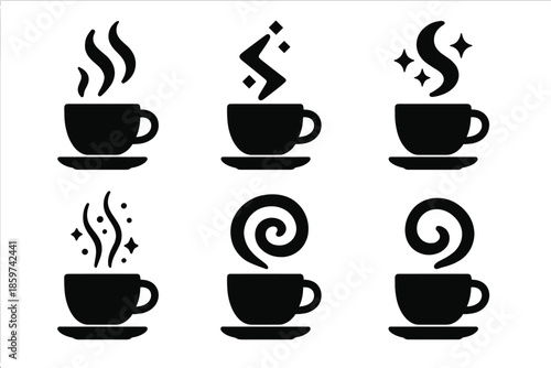 Magical Beverage Effects. Solid style icons of magical beverage effects in : glowing steam, prism trail, radiant ribbon, ethereal