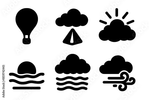 Surreal Aerial Icons. Solid style icons of surreal aerial scenery in : balloon, prism cloud, glowing sky, radiant horizon,