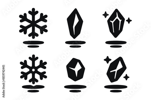 Levitating Ice Icons. Solid style icons of levitating ice objects in : floating snowflake, hovering prism shard, radiant crystal,