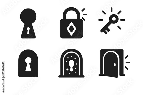 Mystical Unlocking Icons. Solid style icons of mystical unlocking symbols in : keyhole, prism lock, glowing key, radiant latch,
