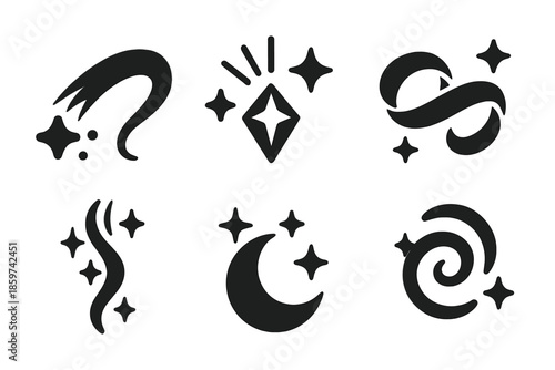 Magical Color Icons. Solid style icons of magical color effects in : glowing trail, prism spark, radiant ribbon, ethereal filament