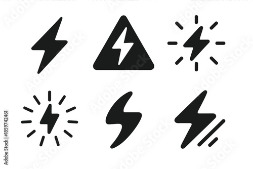 Electric Energy Icons. Solid style icons of electric energy in : lightning, prism spark, glowing bolt, radiant arc, ethereal flash