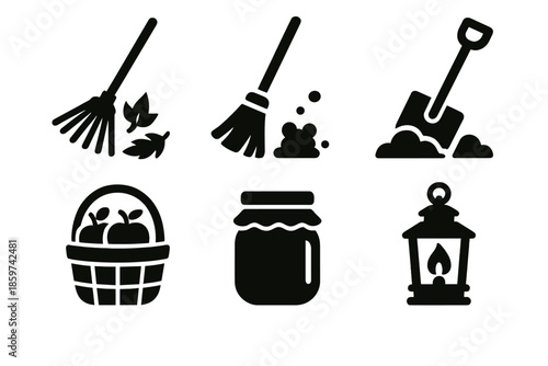 Seasonal Chore Icons. Solid style icons of seasonal chores: rake leaf, broom dust, shovel snow, basket apples, jar preserves,