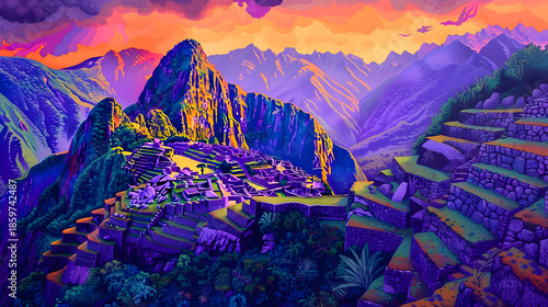 Fantasy pop art of machu picchu with lush tropical greens
