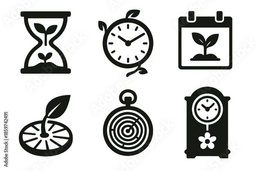 Time and Growth Icons. Solid style icons of time and growth: seedling hourglass, vine clock, sprout calendar, tree ring watch,