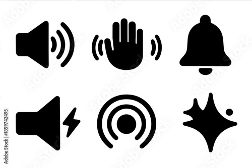 Audio and Haptic Icons. Solid style icons of audio & haptic feedback: speaker wave, vibration hand, bell prism, alert flash, tone