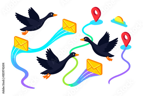 Migratory Email Icons. Isometric vector illustration set Bird Migration as Email Routing: geese tracing email delivery routes,