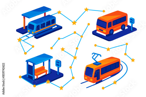 Zodiac Transport Constellations. Isometric vector illustration set Public Transport Stops Constellating Zodiac: train platforms