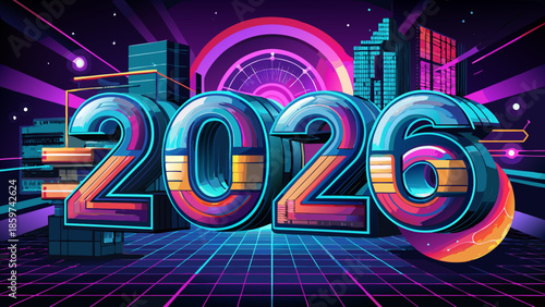 Futuristic 2026 digital numbers with hologram effects