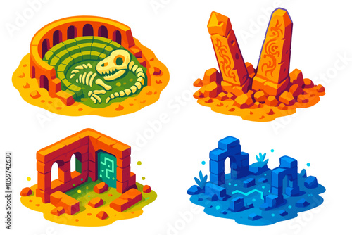 Fictional Ruins Discovery. Isometric vector illustration set Paleontology of Fictional Civilizations: buried amphitheater with