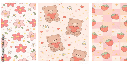Cute seamless vector pattern with cartoon teddy bears, flowers, and hearts for baby girl design. Valentine's Day Concept