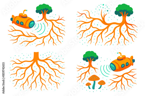 Submarine Root Exploration. Isometric vector illustration set Submarine Exploring Forest Root Systems: miniature submarine tracing