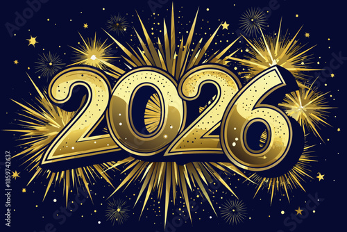 Gold glitter 2026 text with starburst fireworks vector