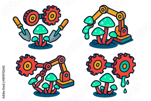 Clockwork Fungi Cultivation. Isometric vector illustration set Clockwork Mechanisms Cultivating Bioluminescent Fungi: rotating