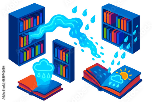 Floating River Libraries. Isometric vector illustration set Library Books Forecasting Atmospheric Rivers: library shelves with