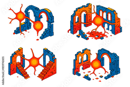 Neural Network Ruins. Isometric vector illustration set Architectural Ruins as Neural Pathways: arches and ruined facades