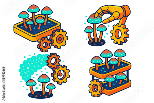 Clockwork Fungi Garden. Isometric vector illustration set Clockwork Mechanisms Cultivating Bioluminescent Fungi: gear-driven