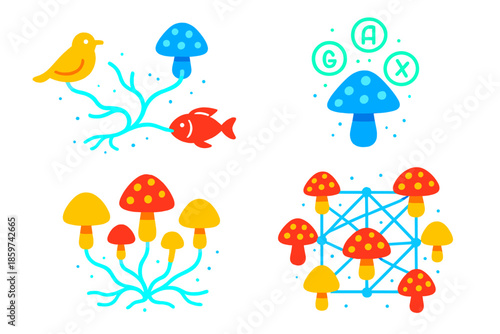 Bioluminescent Fungal Network. Isometric vector illustration set Mycomorphic Cryptography for Interspecies Communication: