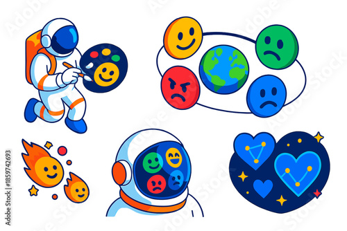 Astronaut Emotional Journey. Isometric vector illustration set Tidal locking emotions for astronauts: astronaut painting emotions