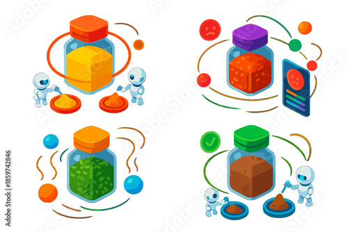 Spices and Emotions Fusion. Isometric vector illustration set Kitchen spices mapping emotions: orbiting spice containers with